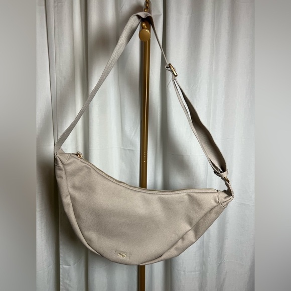 July Crescent Cream Canvas Shoulder Bag Purse Tote with Gold Tag main image 5